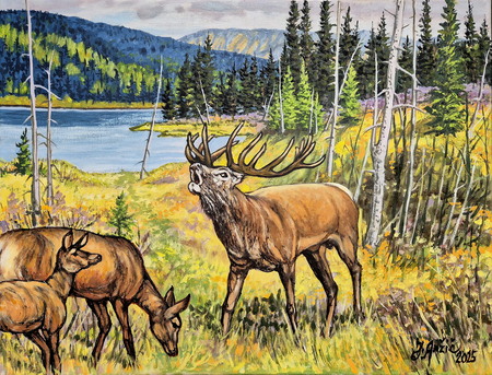 Jelen z družino, olje-platno, 50x40 cm, 2025, Jože Anžič